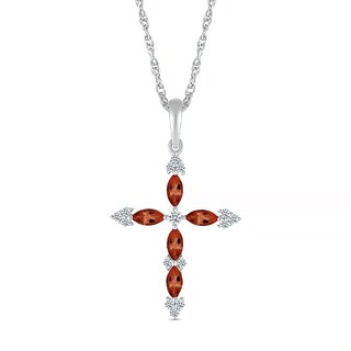 Marquise Garnet and 0.065 CT. T.W. Diamond Tri-Tip Cross Pendant in Sterling Silver