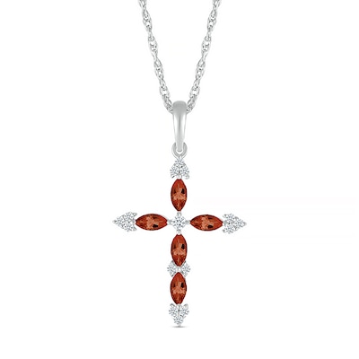 Marquise Garnet and 0.065 CT. T.W. Diamond Tri-Tip Cross Pendant in Sterling Silver