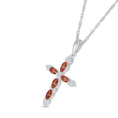 Marquise Garnet and 0.065 CT. T.W. Diamond Tri-Tip Cross Pendant in Sterling Silver