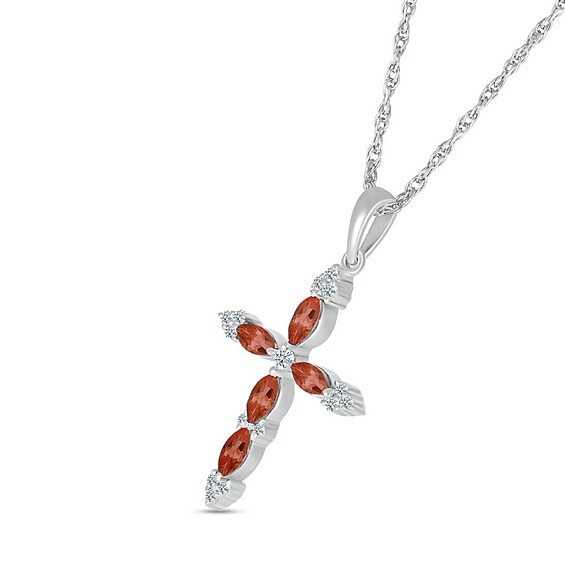 Marquise Garnet and 0.065 CT. T.W. Diamond Tri-Tip Cross Pendant in Sterling Silver