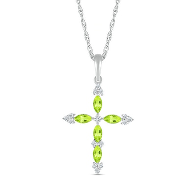 Marquise Peridot and 0.065 CT. T.W. Diamond Tri-Tip Cross Pendant in Sterling Silver