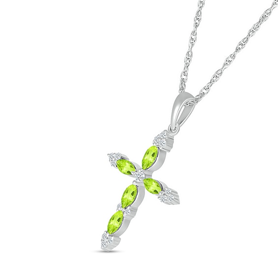 Marquise Peridot and 0.065 CT. T.W. Diamond Tri-Tip Cross Pendant in Sterling Silver