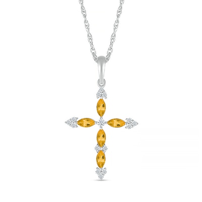 Marquise Citrine and 0.065 CT. T.W. Diamond Tri-Tip Cross Pendant in Sterling Silver