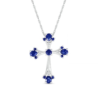 Pear-Shaped and Round Blue and White Lab-Created Sapphire Gothic-Style Cross Pendant in Sterling Silver