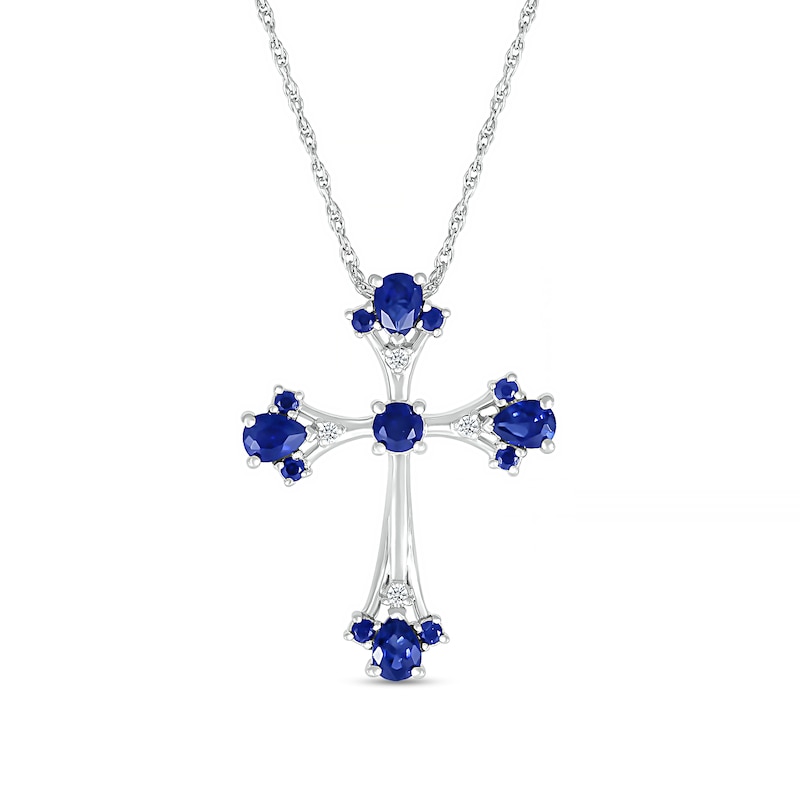 Pear-Shaped and Round Blue and White Lab-Created Sapphire Gothic-Style Cross Pendant in Sterling Silver