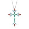 Thumbnail Image 0 of Pear-Shaped Garnet with Marquise Aquamarine and Lab-Created Emerald Floral Cross Pendant in Sterling Silver