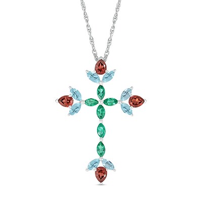 Pear-Shaped Garnet with Marquise Aquamarine and Lab-Created Emerald Floral Cross Pendant in Sterling Silver