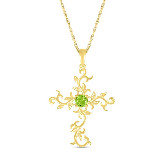 4.0mm Peridot Filigree Leaf Vine Cross Pendant in 10K Gold