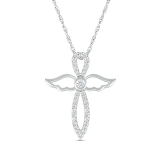 White Lab-Created Sapphire Angel Wing Cross Pendant in Sterling Silver