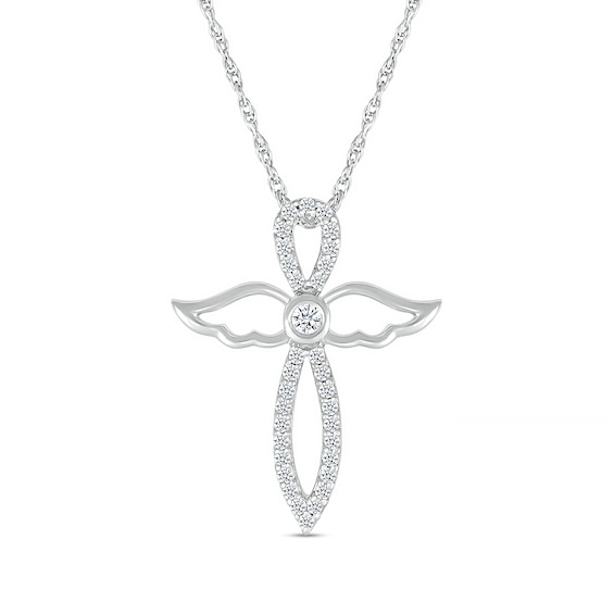 White Lab-Created Sapphire Angel Wing Cross Pendant in Sterling Silver