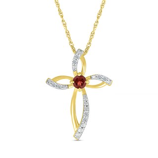 3.0mm Garnet and 0.04 CT. T.W. Diamond Bypass Ribbon Loop Cross Pendant in 10K Gold