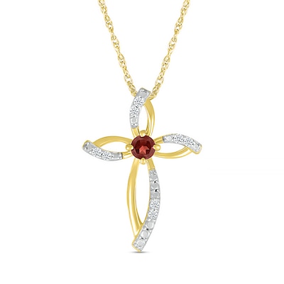 3.0mm Garnet and 0.04 CT. T.W. Diamond Bypass Ribbon Loop Cross Pendant in 10K Gold