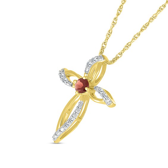 3.0mm Garnet and 0.04 CT. T.W. Diamond Bypass Ribbon Loop Cross Pendant in 10K Gold