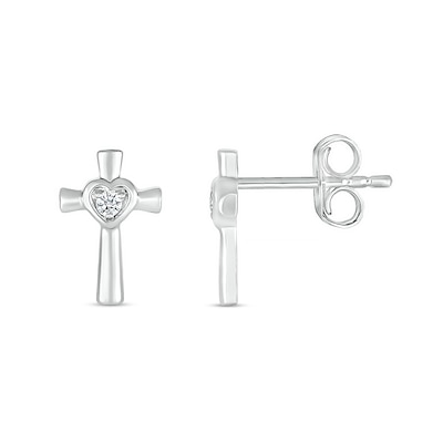 White Lab-Created Sapphire Heart Frame Cross Stud Earrings in Sterling Silver