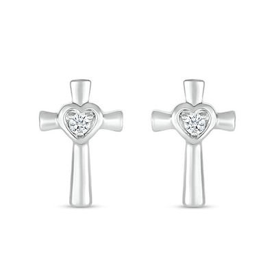 White Lab-Created Sapphire Heart Frame Cross Stud Earrings in Sterling Silver