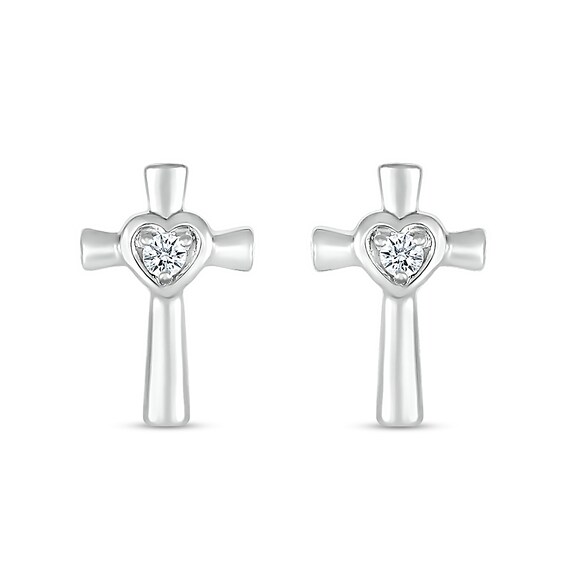 White Lab-Created Sapphire Heart Frame Cross Stud Earrings in Sterling Silver