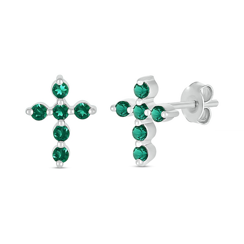 Lab-Created Emerald Bubbles Cross Stud Earrings in Sterling Silver