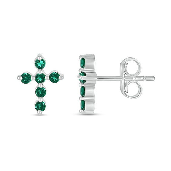 Lab-Created Emerald Bubbles Cross Stud Earrings in Sterling Silver