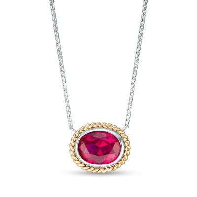 Oval-Shaped Lab-Created Ruby Solitaire Rope-Textured Frame Necklace in Sterling Silver and 10K Gold