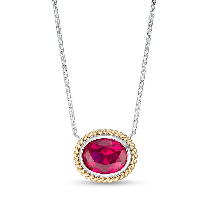 Oval-Shaped Lab-Created Ruby Solitaire Rope-Textured Frame Necklace in Sterling Silver and 10K Gold|Peoples Jewellers