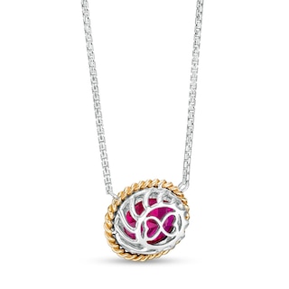 Oval-Shaped Lab-Created Ruby Solitaire Rope-Textured Frame Necklace in Sterling Silver and 10K Gold