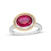 Thumbnail Image 0 of Oval-Shaped Lab-Created Ruby Solitaire Rope-Textured Frame and Shank Ring in Sterling Silver and 10K Gold