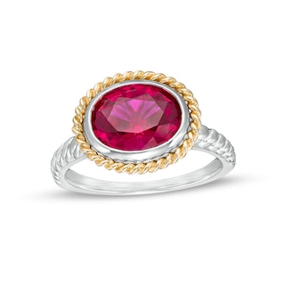 Oval-Shaped Lab-Created Ruby Solitaire Rope-Textured Frame and Shank Ring in Sterling Silver and 10K Gold