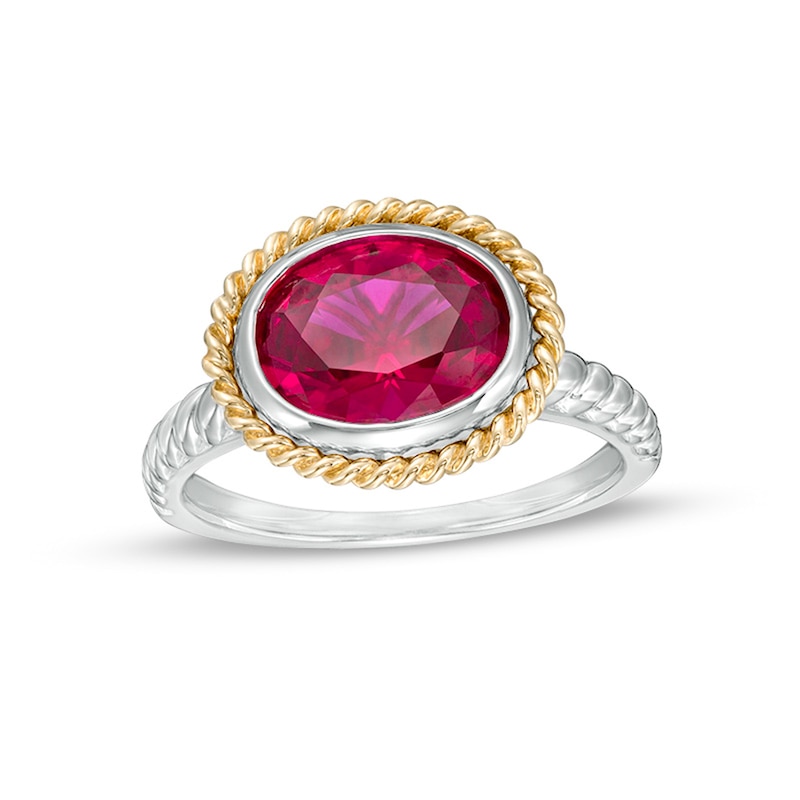 Oval-Shaped Lab-Created Ruby Solitaire Rope-Textured Frame and Shank Ring in Sterling Silver and 10K Gold
