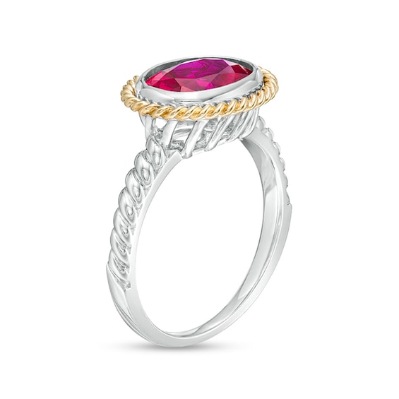 Oval-Shaped Lab-Created Ruby Solitaire Rope-Textured Frame and Shank Ring in Sterling Silver and 10K Gold