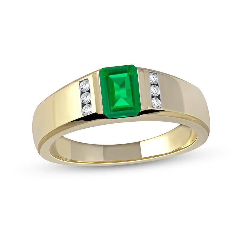 Men's Emerald-Cut Emerald and 0.12 CT. T.W. Diamond Octagonal Frame Tri-Sides Band in 10K Gold|Peoples Jewellers