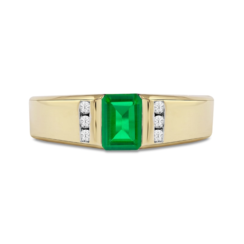 Main Image 3 of Men's Emerald-Cut Emerald and 0.12 CT. T.W. Diamond Octagonal Frame Tri-Sides Band in 10K Gold