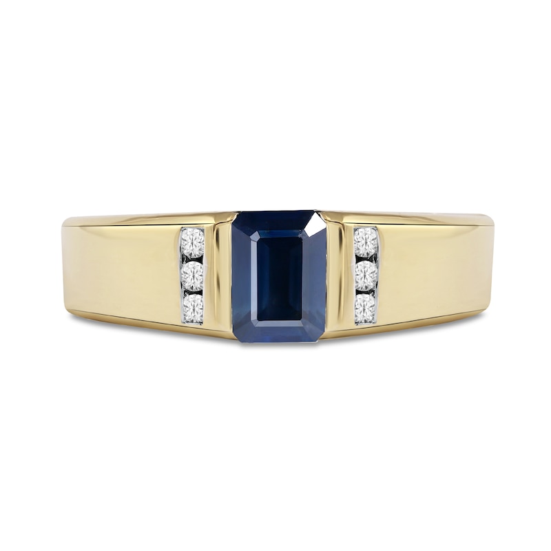Men's Emerald-Cut Blue Sapphire and 0.12 CT. T.W. Diamond Octagonal Frame Tri-Sides Band in 10K Gold|Peoples Jewellers