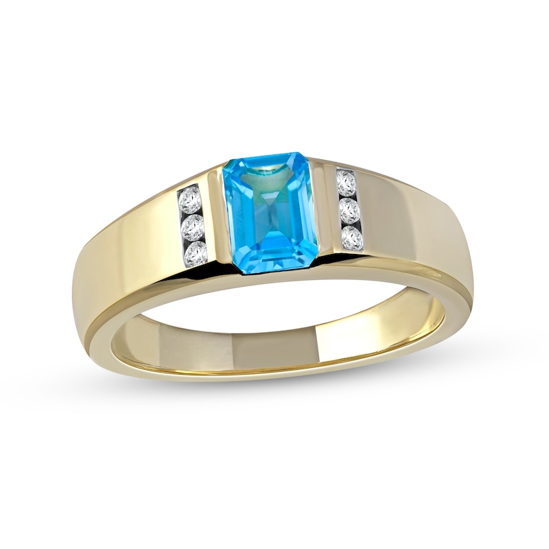 Men's Emerald-Cut Swiss Blue Topaz and 0.12 CT. T.W. Diamond Trio Wedding Band in 10K Gold|Peoples Jewellers