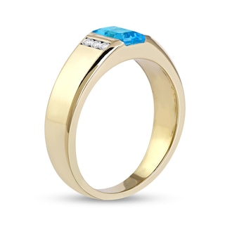 Men's Emerald-Cut Swiss Blue Topaz and 0.12 CT. T.W. Diamond Trio Wedding Band in 10K Gold