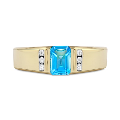 Men's Emerald-Cut Swiss Blue Topaz and 0.12 CT. T.W. Diamond Trio Wedding Band in 10K Gold