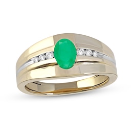 Men's Oval Emerald and 0.15 CT. T.W. Diamond Tri-Sides Grooved Band in 10K Two-Tone Gold