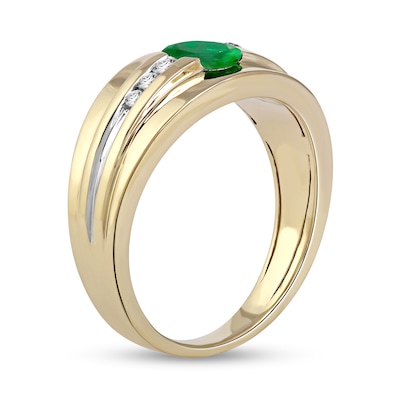 Men's Oval Emerald and 0.15 CT. T.W. Diamond Tri-Sides Grooved Band in 10K Two-Tone Gold