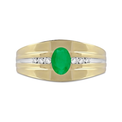 Men's Oval Emerald and 0.15 CT. T.W. Diamond Tri-Sides Grooved Band in 10K Two-Tone Gold