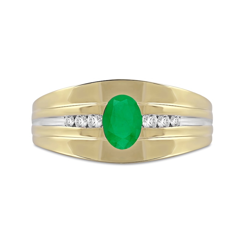 Men's Oval Emerald and 0.15 CT. T.W. Diamond Tri-Sides Grooved Band in 10K Two-Tone Gold|Peoples Jewellers