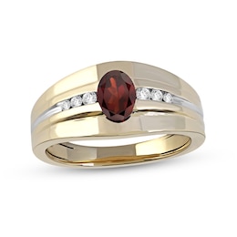 Men's Oval Garnet and 0.15 CT. T.W. Diamond Tri-Sides Grooved Band in 10K Two-Tone Gold