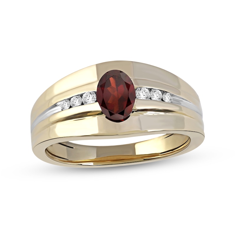 Men's Oval Garnet and 0.15 CT. T.W. Diamond Tri-Sides Grooved Band in 10K Two-Tone Gold|Peoples Jewellers