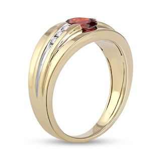 Men's Oval Garnet and 0.15 CT. T.W. Diamond Tri-Sides Grooved Band in 10K Two-Tone Gold