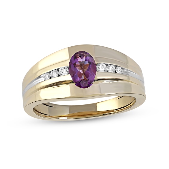 Men's Oval Amethyst and 0.15 CT. T.W. Diamond Tri-Sides Grooved Band in 10K Two-Tone Gold