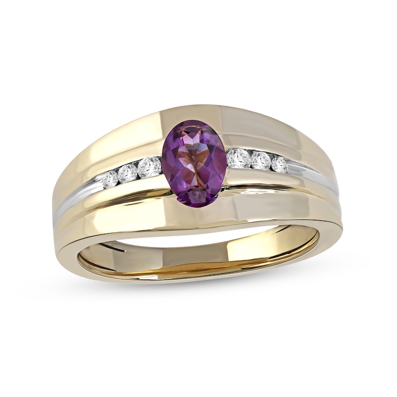 Men's Oval Amethyst and 0.15 CT. T.W. Diamond Tri-Sides Grooved Band in 10K Two-Tone Gold|Peoples Jewellers