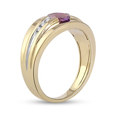 Men's Oval Amethyst and 0.15 CT. T.W. Diamond Tri-Sides Grooved Band in 10K Two-Tone Gold