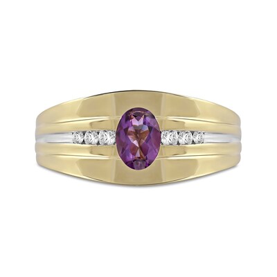 Men's Oval Amethyst and 0.15 CT. T.W. Diamond Tri-Sides Grooved Band in 10K Two-Tone Gold