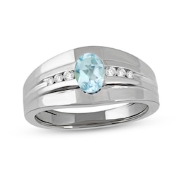 Men's Oval Aquamarine and 0.15 CT. T.W. Diamond Tri-Sides Grooved Band in 10K White Gold