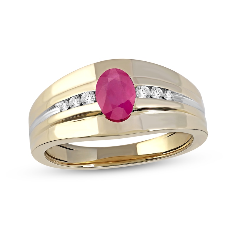 Men's Oval Ruby and 0.15 CT. T.W. Diamond Tri-Sides Grooved Band in 10K Two-Tone Gold|Peoples Jewellers
