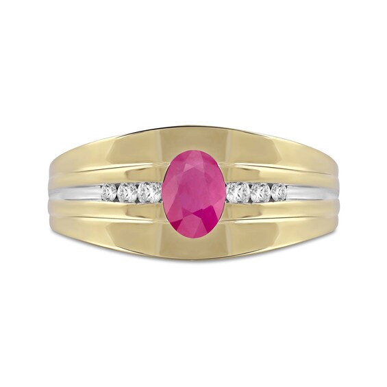 Men's Oval Ruby and 0.15 CT. T.W. Diamond Tri-Sides Grooved Band in 10K Two-Tone Gold