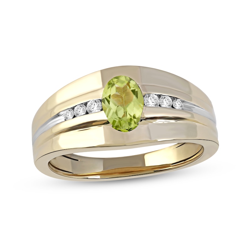 Men's Oval Peridot and 0.15 CT. T.W. Diamond Tri-Sides Grooved Band in 10K Two-Tone Gold|Peoples Jewellers